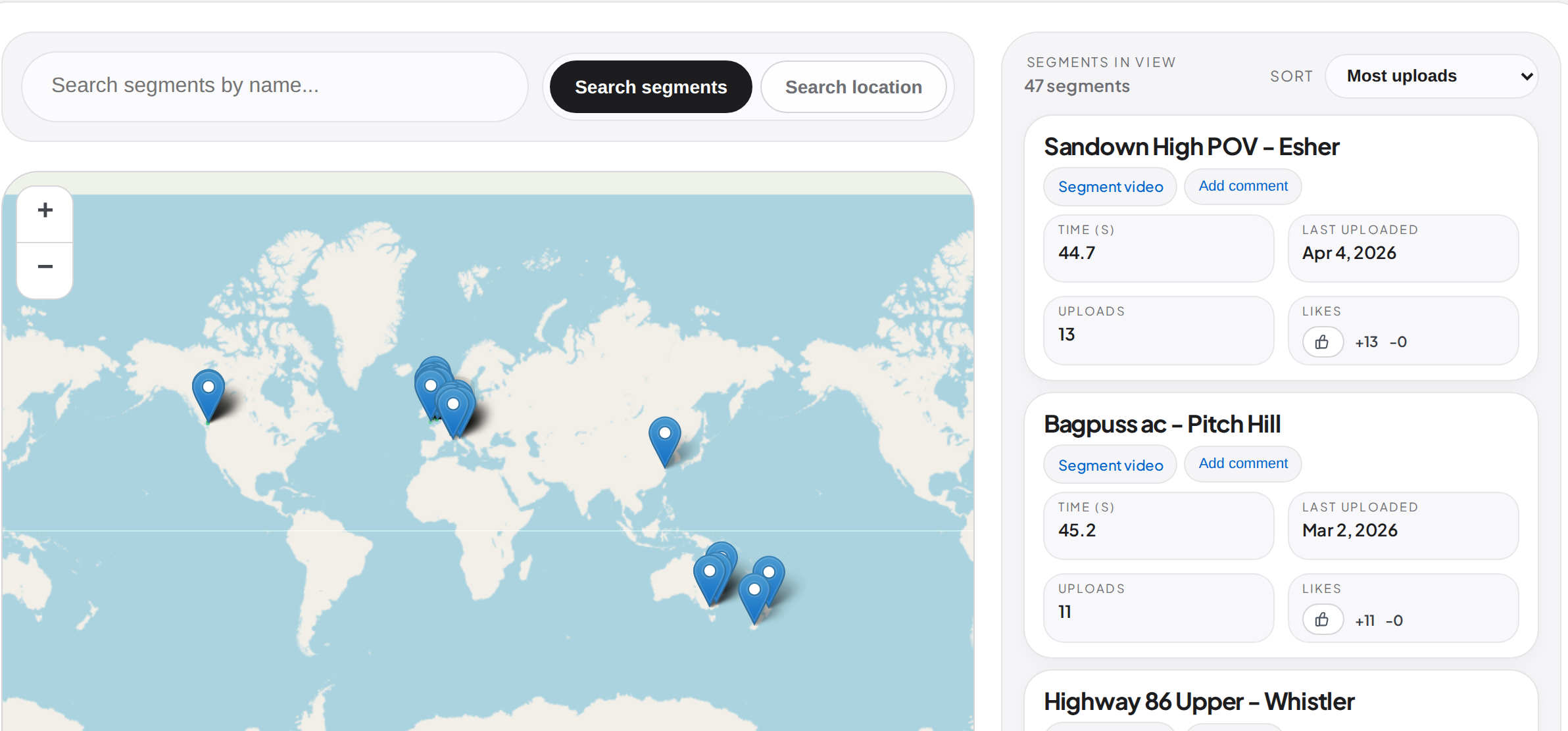 Map of camillo segments with segment markers and segment cards